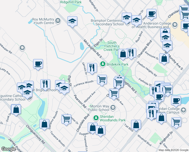 map of restaurants, bars, coffee shops, grocery stores, and more near 19 Copeland Road in Brampton
