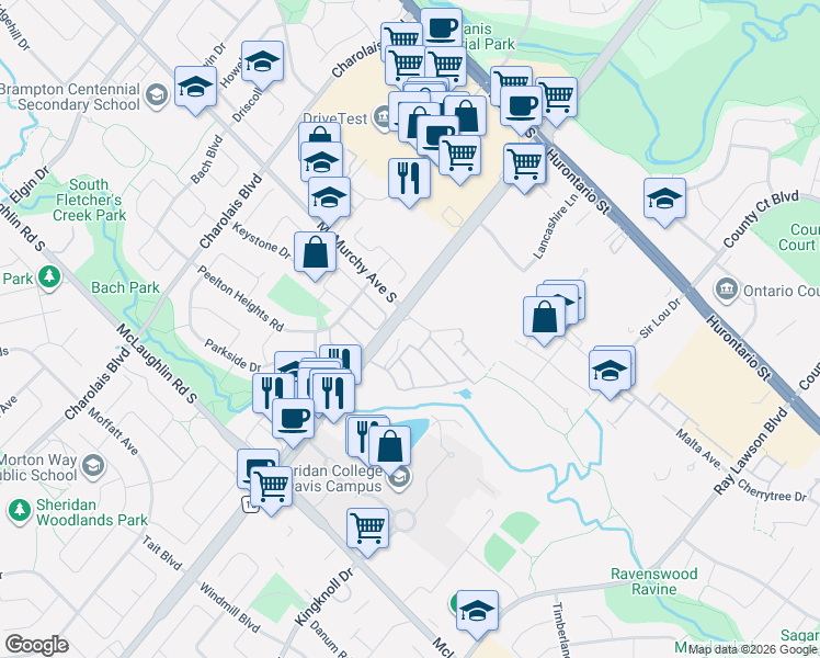 map of restaurants, bars, coffee shops, grocery stores, and more near 260 Malta Avenue in Brampton