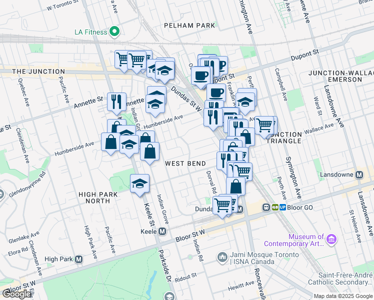 map of restaurants, bars, coffee shops, grocery stores, and more near 668 Indian Road in Toronto