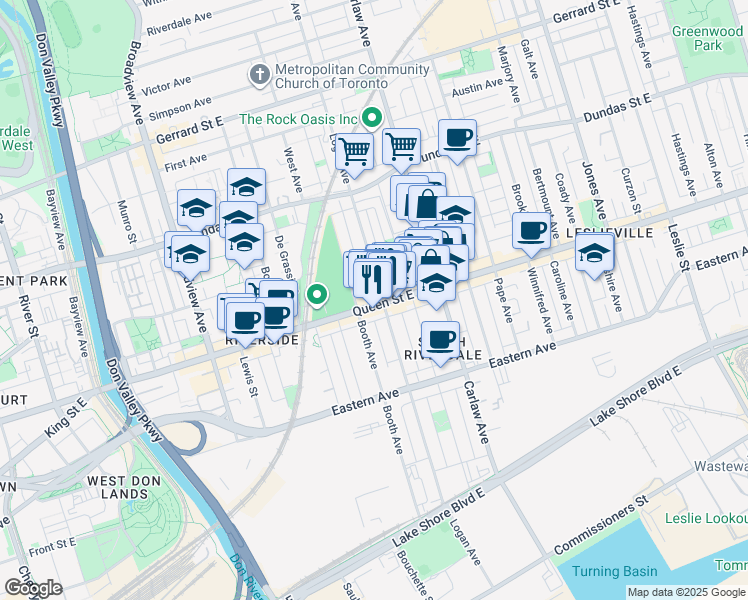 map of restaurants, bars, coffee shops, grocery stores, and more near 900 Queen Street East in Toronto