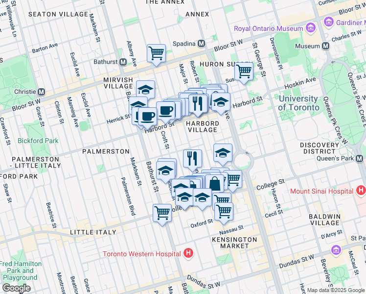 map of restaurants, bars, coffee shops, grocery stores, and more near in Toronto