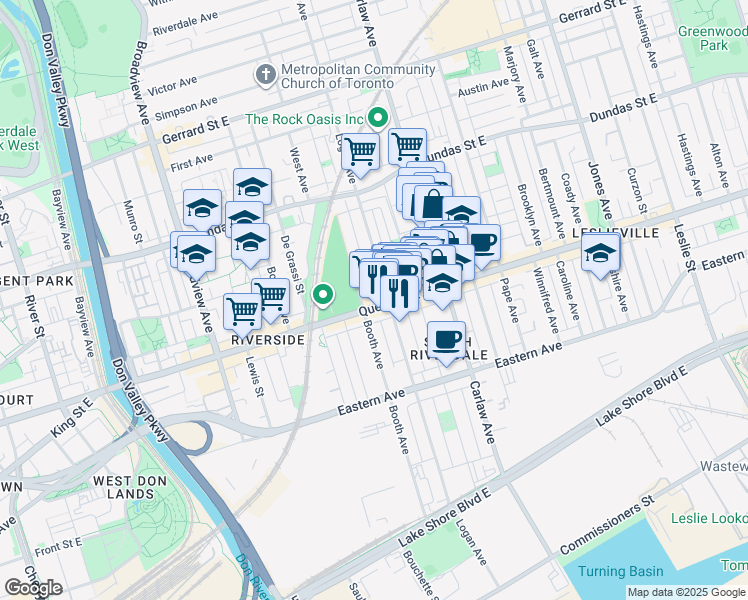 map of restaurants, bars, coffee shops, grocery stores, and more near in Toronto