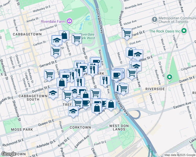 map of restaurants, bars, coffee shops, grocery stores, and more near 5 Mark Street in Toronto