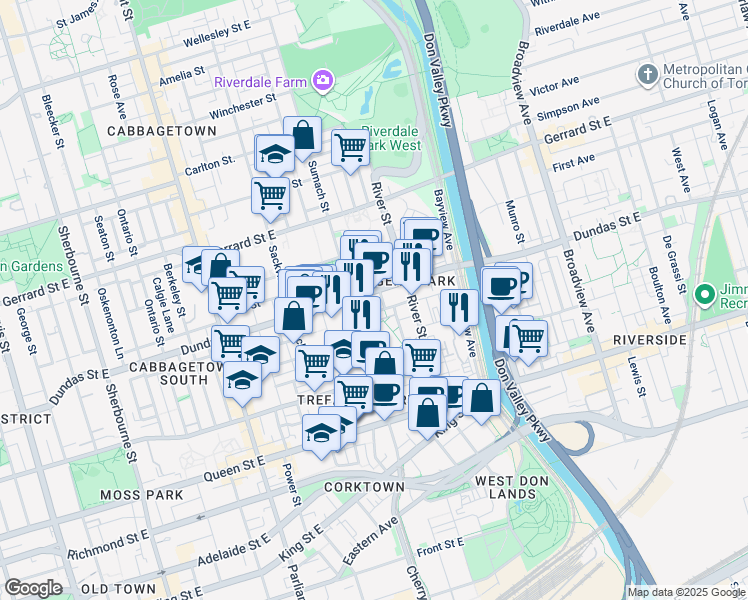 map of restaurants, bars, coffee shops, grocery stores, and more near 20 Tubman Avenue in Toronto