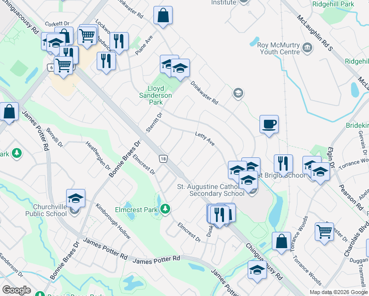 map of restaurants, bars, coffee shops, grocery stores, and more near 30 Mannel Crescent in Brampton