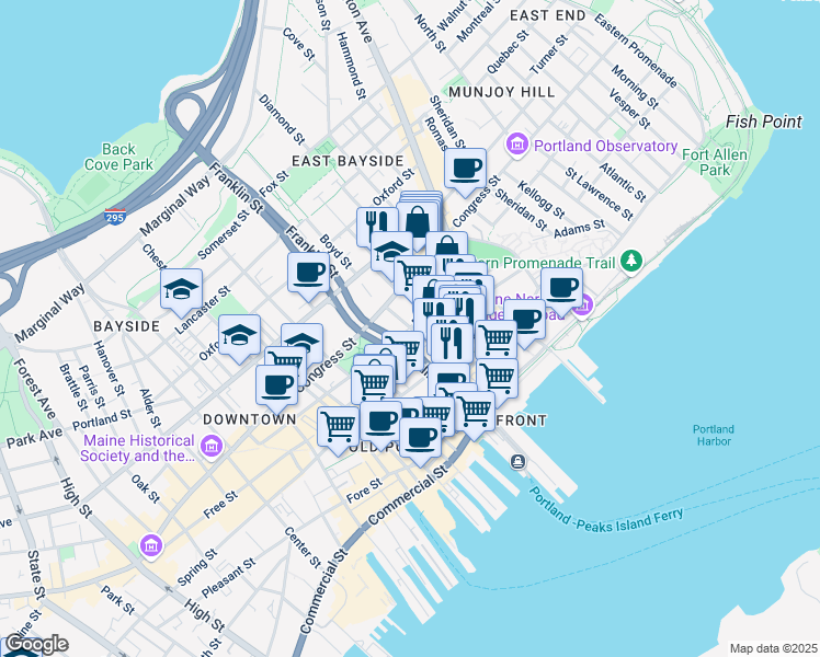 map of restaurants, bars, coffee shops, grocery stores, and more near 96 Federal Street in Portland