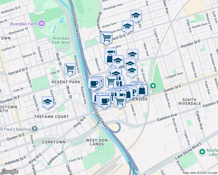 map of restaurants, bars, coffee shops, grocery stores, and more near in Toronto