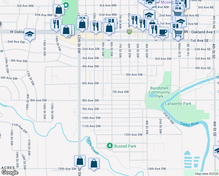 map of restaurants, bars, coffee shops, grocery stores, and more near 706 8th Street Southwest in Austin