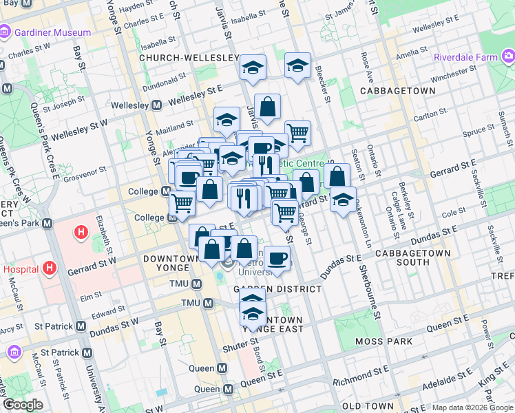 map of restaurants, bars, coffee shops, grocery stores, and more near 186 Mutual Street in Toronto
