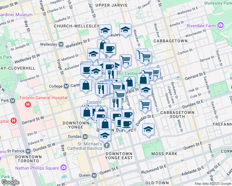 map of restaurants, bars, coffee shops, grocery stores, and more near 280 Jarvis Street in Toronto