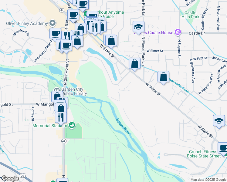 map of restaurants, bars, coffee shops, grocery stores, and more near 6515 West State Street in Boise