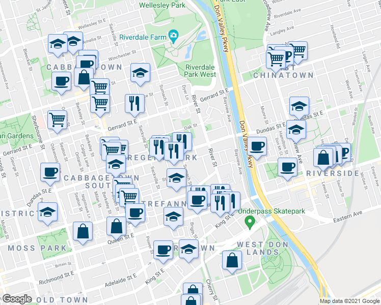 map of restaurants, bars, coffee shops, grocery stores, and more near 20 Tubman Avenue in Toronto