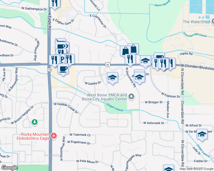 map of restaurants, bars, coffee shops, grocery stores, and more near 6100 North Park Meadow Way in Boise