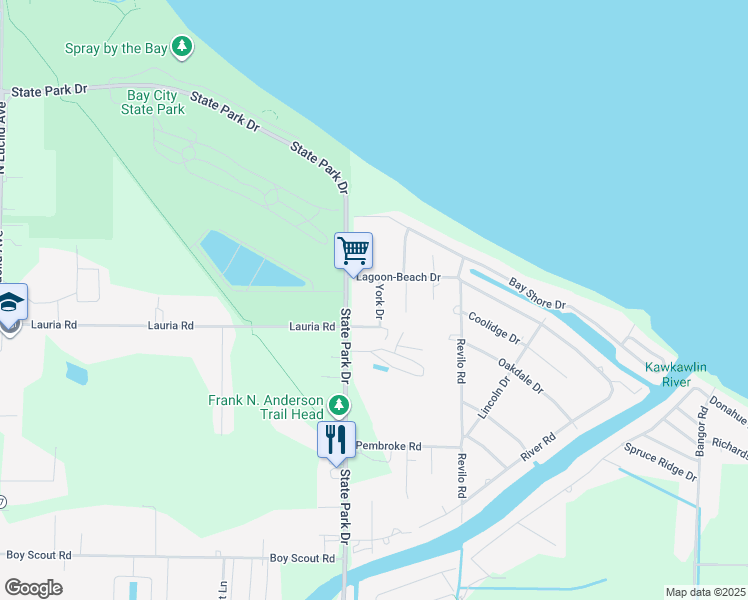 map of restaurants, bars, coffee shops, grocery stores, and more near 120 York Drive in Bay City