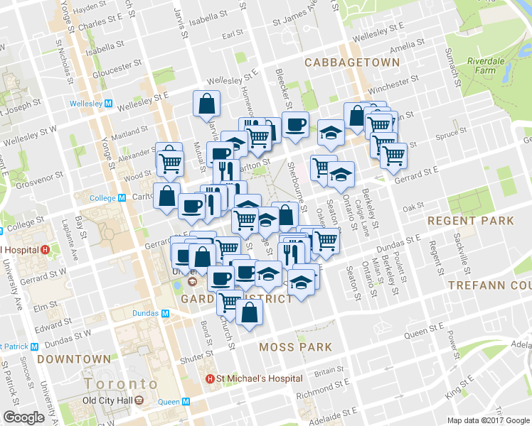 map of restaurants, bars, coffee shops, grocery stores, and more near 157 Gerrard St E in Toronto