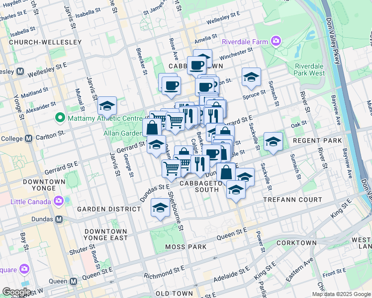 map of restaurants, bars, coffee shops, grocery stores, and more near 358 Ontario Street in Toronto
