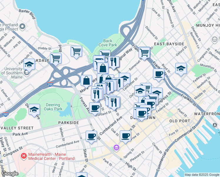 map of restaurants, bars, coffee shops, grocery stores, and more near in Portland