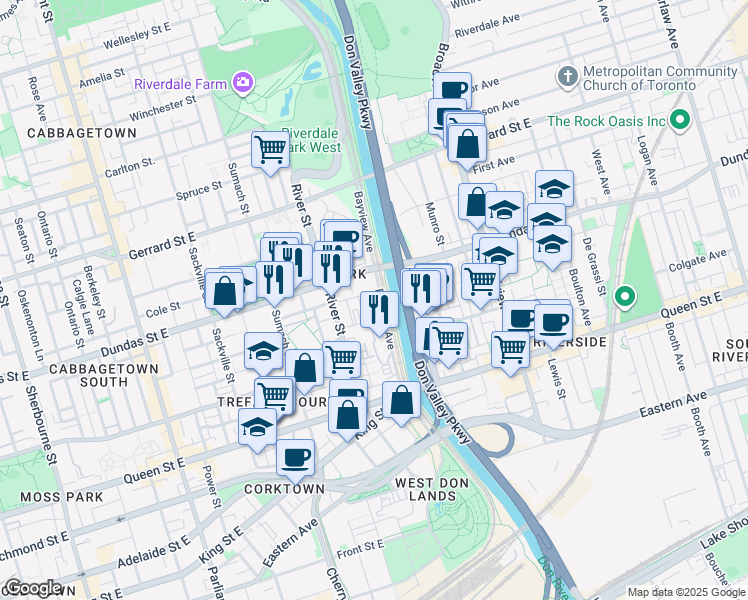 map of restaurants, bars, coffee shops, grocery stores, and more near 21 Defries Street in Toronto