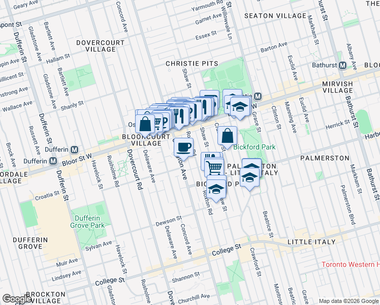 map of restaurants, bars, coffee shops, grocery stores, and more near in Toronto
