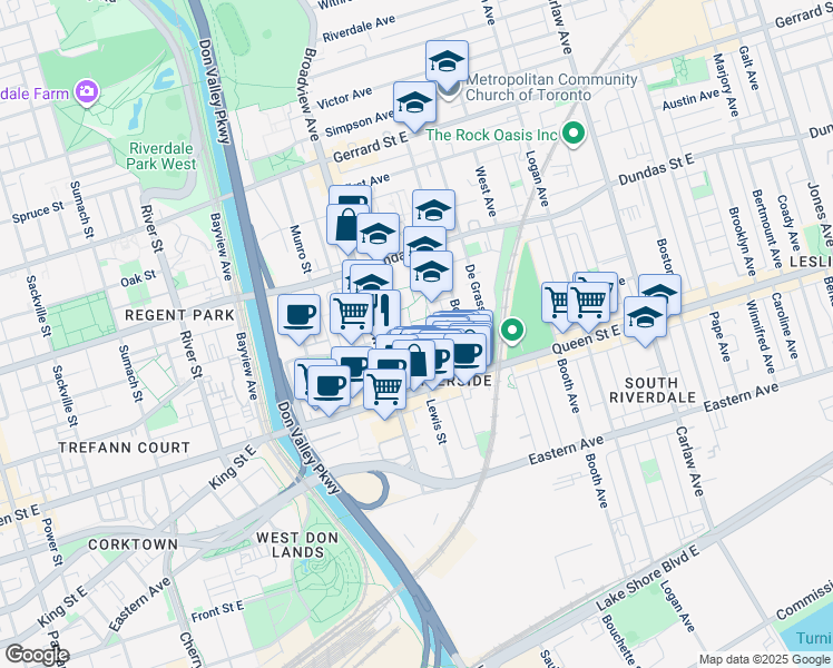 map of restaurants, bars, coffee shops, grocery stores, and more near in Toronto