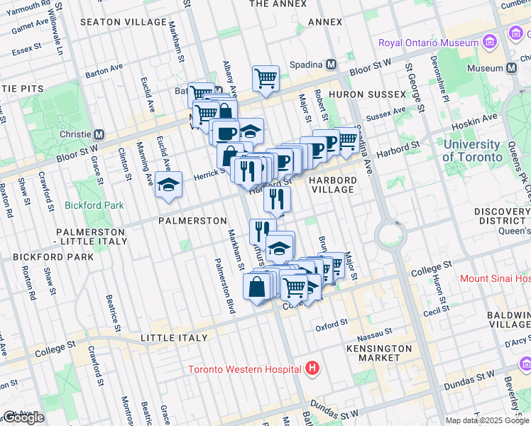 map of restaurants, bars, coffee shops, grocery stores, and more near 224 Lippincott Street in Toronto