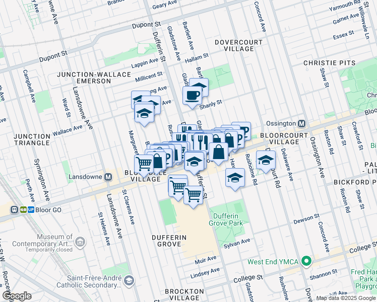 map of restaurants, bars, coffee shops, grocery stores, and more near 1040 Dufferin Street in Toronto