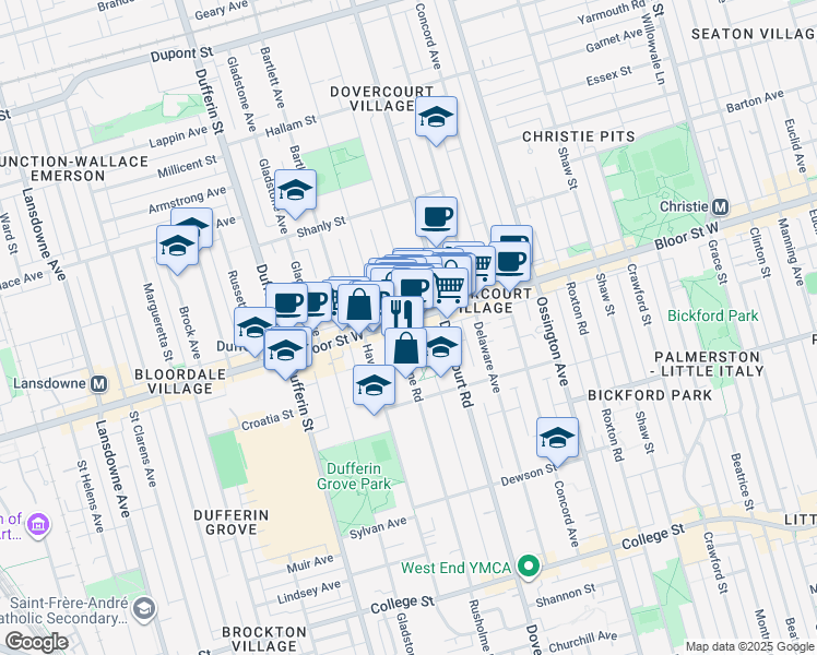 map of restaurants, bars, coffee shops, grocery stores, and more near in Toronto