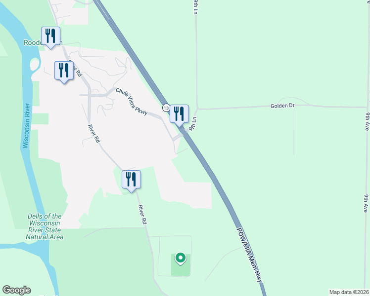 map of restaurants, bars, coffee shops, grocery stores, and more near 4065 State Highway 13 in Wisconsin Dells
