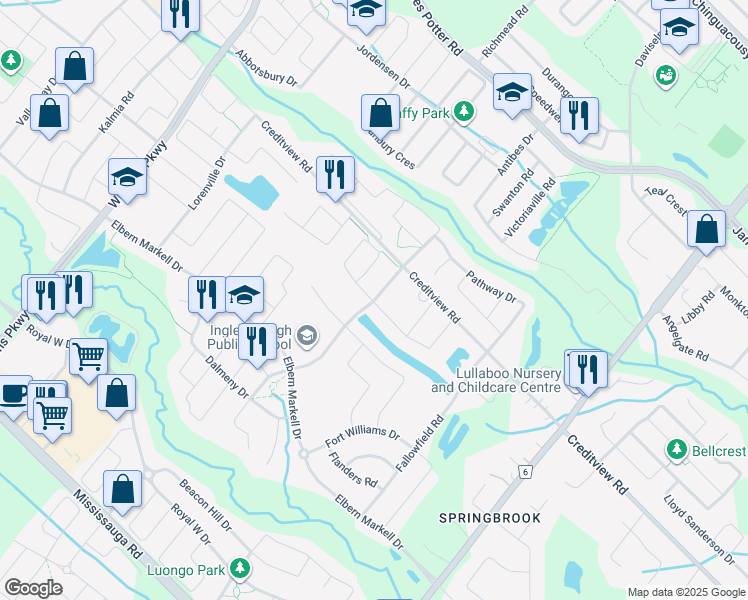 map of restaurants, bars, coffee shops, grocery stores, and more near 16 Ingleborough Drive in Brampton