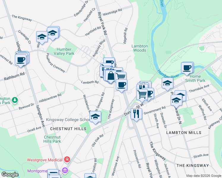 map of restaurants, bars, coffee shops, grocery stores, and more near 256 The Kingsway in Toronto