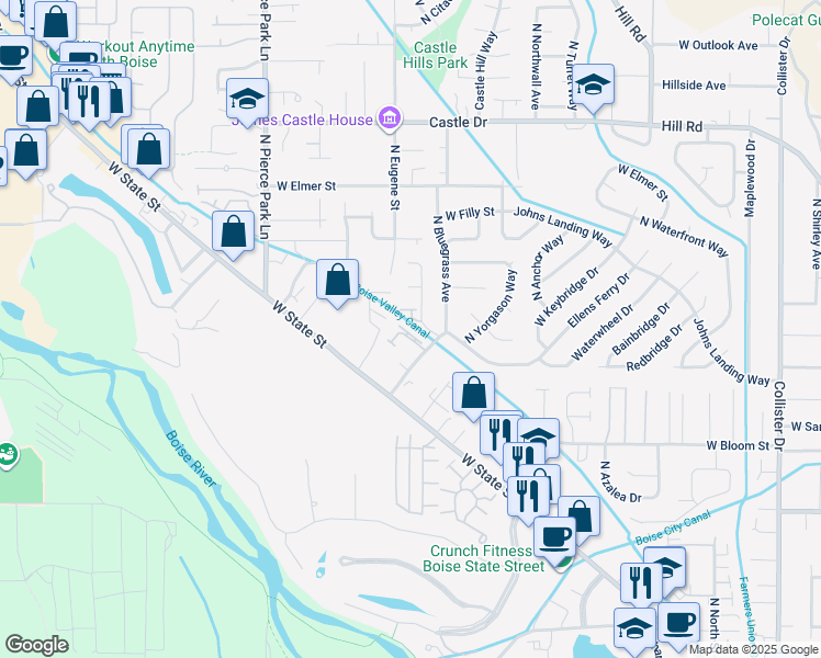 map of restaurants, bars, coffee shops, grocery stores, and more near 6030 West Port Place in Boise