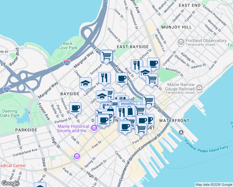 map of restaurants, bars, coffee shops, grocery stores, and more near 244 Cumberland Avenue in Portland