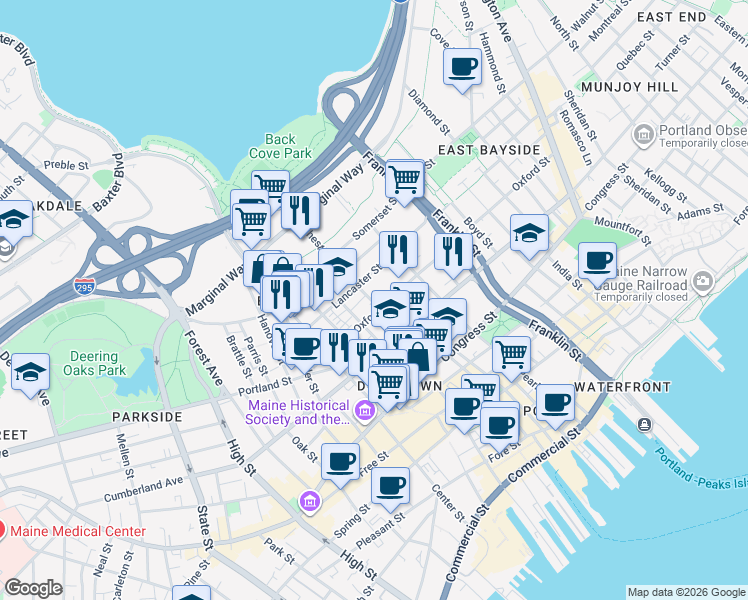 map of restaurants, bars, coffee shops, grocery stores, and more near in Portland