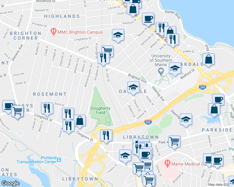 map of restaurants, bars, coffee shops, grocery stores, and more near 516 Saint John Street in Portland