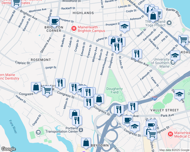map of restaurants, bars, coffee shops, grocery stores, and more near 95 Bolton Street in Portland