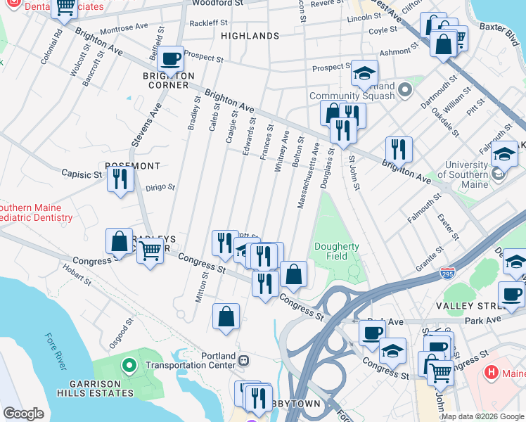 map of restaurants, bars, coffee shops, grocery stores, and more near 86 Whitney Avenue in Portland