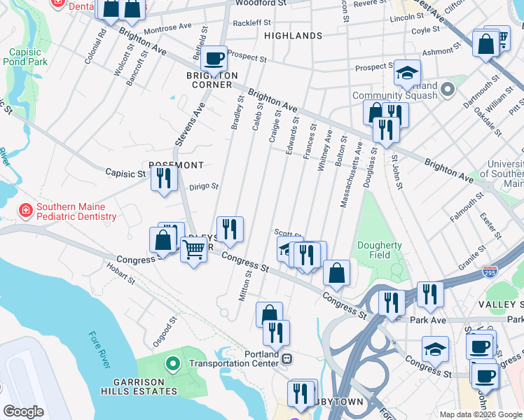 map of restaurants, bars, coffee shops, grocery stores, and more near 61 Craigie Street in Portland