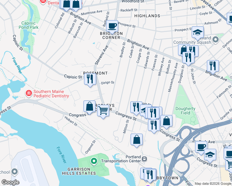 map of restaurants, bars, coffee shops, grocery stores, and more near 48 Caleb Street in Portland