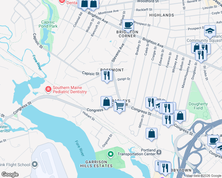 map of restaurants, bars, coffee shops, grocery stores, and more near 42 Stevens Avenue in Portland