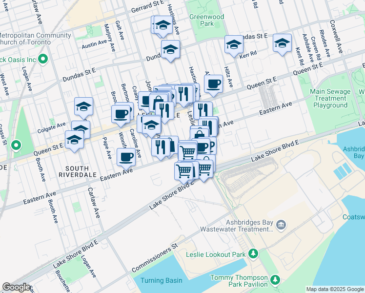 map of restaurants, bars, coffee shops, grocery stores, and more near in Toronto