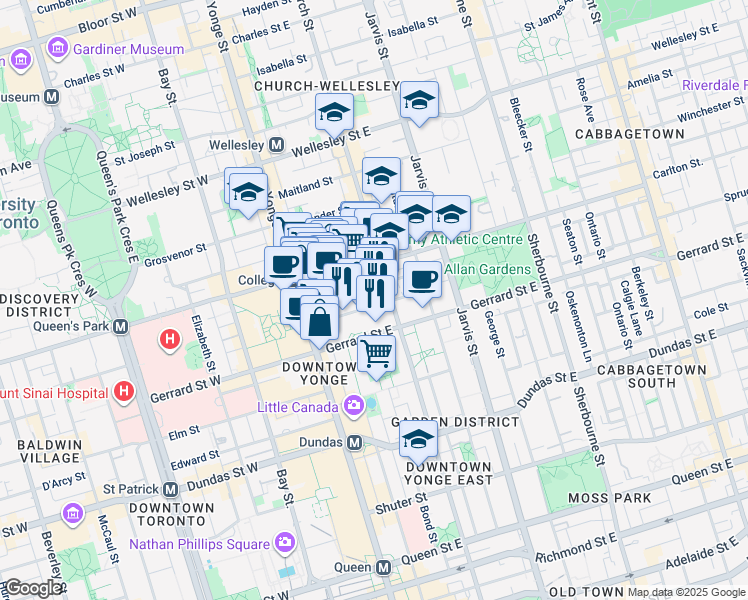 map of restaurants, bars, coffee shops, grocery stores, and more near 46 Gerrard Street East in Toronto