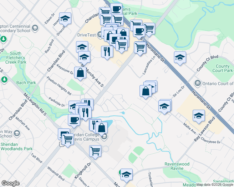 map of restaurants, bars, coffee shops, grocery stores, and more near 225 Malta Avenue in Brampton