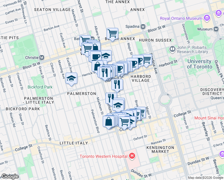 map of restaurants, bars, coffee shops, grocery stores, and more near 224 Lippincott Street in Toronto