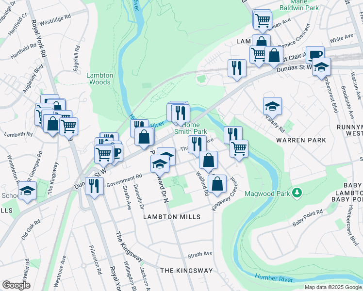 map of restaurants, bars, coffee shops, grocery stores, and more near 32 Thorndale Avenue in Toronto