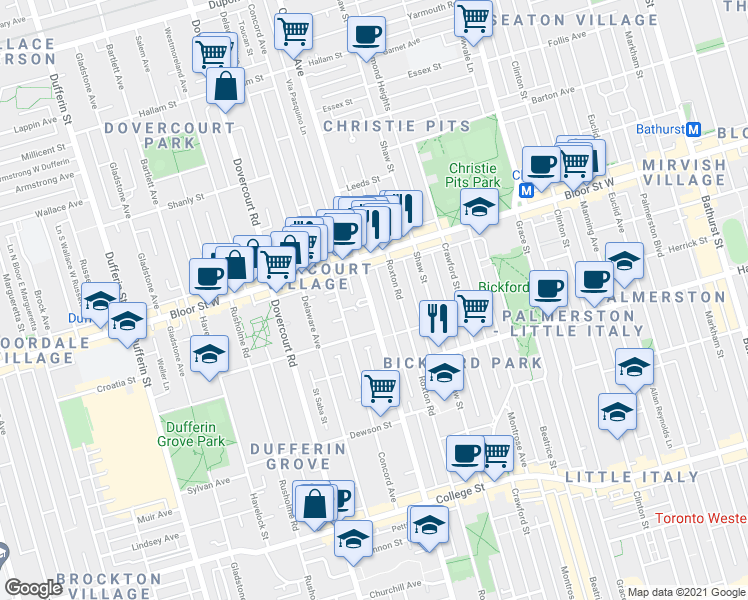 map of restaurants, bars, coffee shops, grocery stores, and more near 679 Ossington Avenue in Toronto