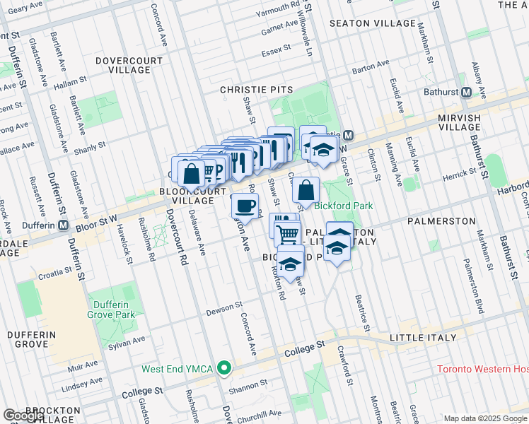 map of restaurants, bars, coffee shops, grocery stores, and more near 491 Roxton Road in Toronto