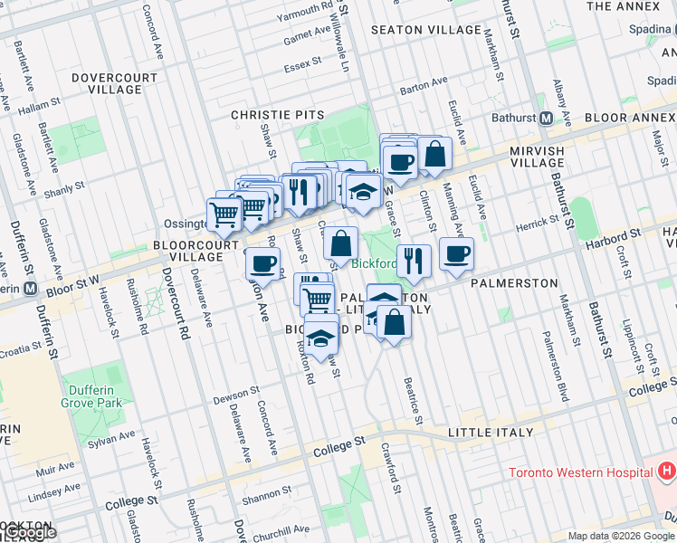 map of restaurants, bars, coffee shops, grocery stores, and more near 627 Crawford Street in Toronto
