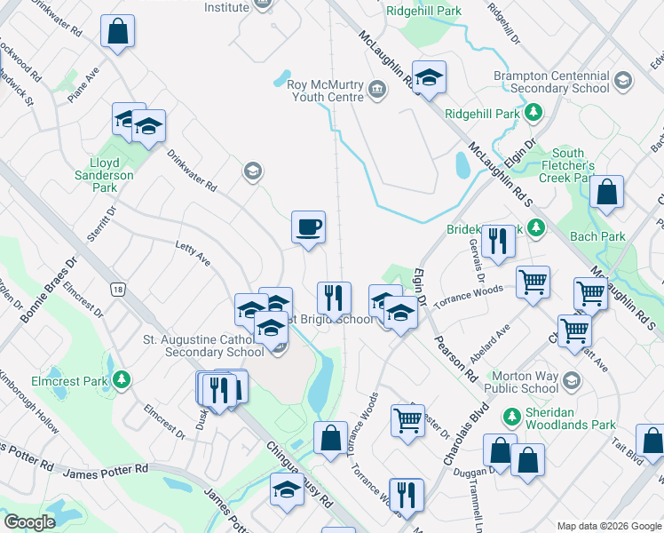 map of restaurants, bars, coffee shops, grocery stores, and more near 91 Vivians Crescent in Brampton