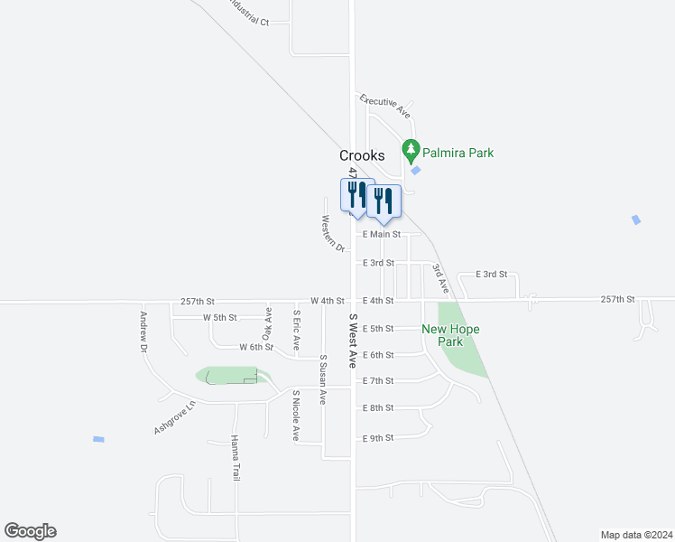map of restaurants, bars, coffee shops, grocery stores, and more near 201 Western Drive in Crooks