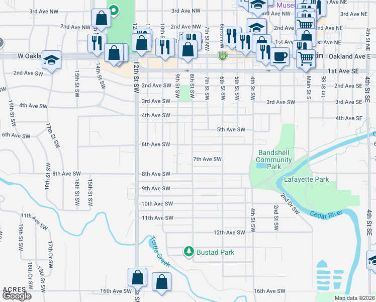 map of restaurants, bars, coffee shops, grocery stores, and more near 706 8th Street Southwest in Austin